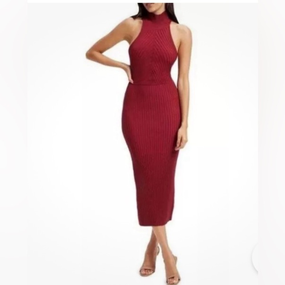 Good American Ribbed Midi Keyhole Dress Stretch in Team Cardinal 5/6 NWT